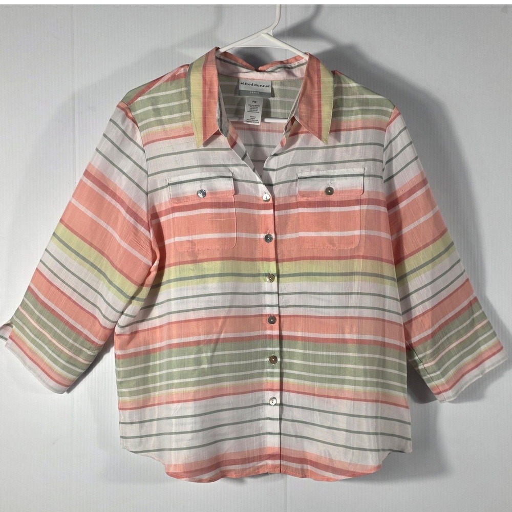 Alfred Dunner Petite PM Striped Button Front Shirt 3/4 Sleeve Coral Green Multi